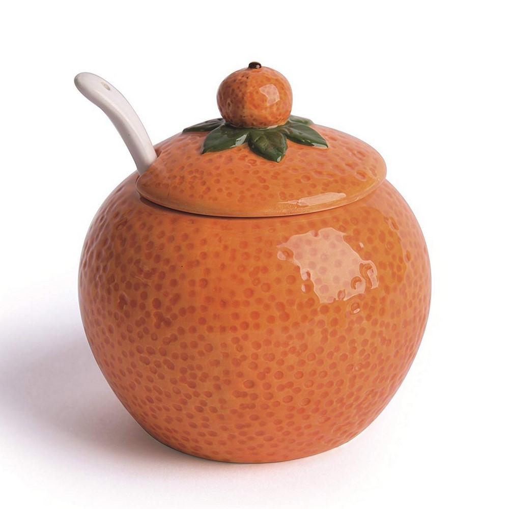 Zuccheriera FRUIT arancio , con cucchiaino ,ceramica dipinta a mano